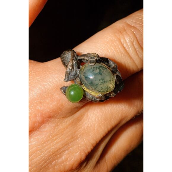 VINTAGE Moss Agate 925 Sterling Silver Artisan Brutalist Ring Sz. 5.25 Gemstone - Picture 7 of 14